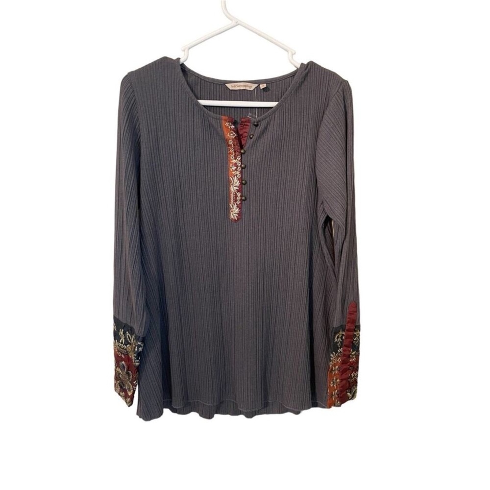 Soft Surroundings Cypress Ribbed Henley Tunic in Gray Embellished Cuffs …